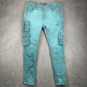 Serenede Mens Fitted Cargo Pants Size 36x33 Teal Acid Wash Utility Streetwear